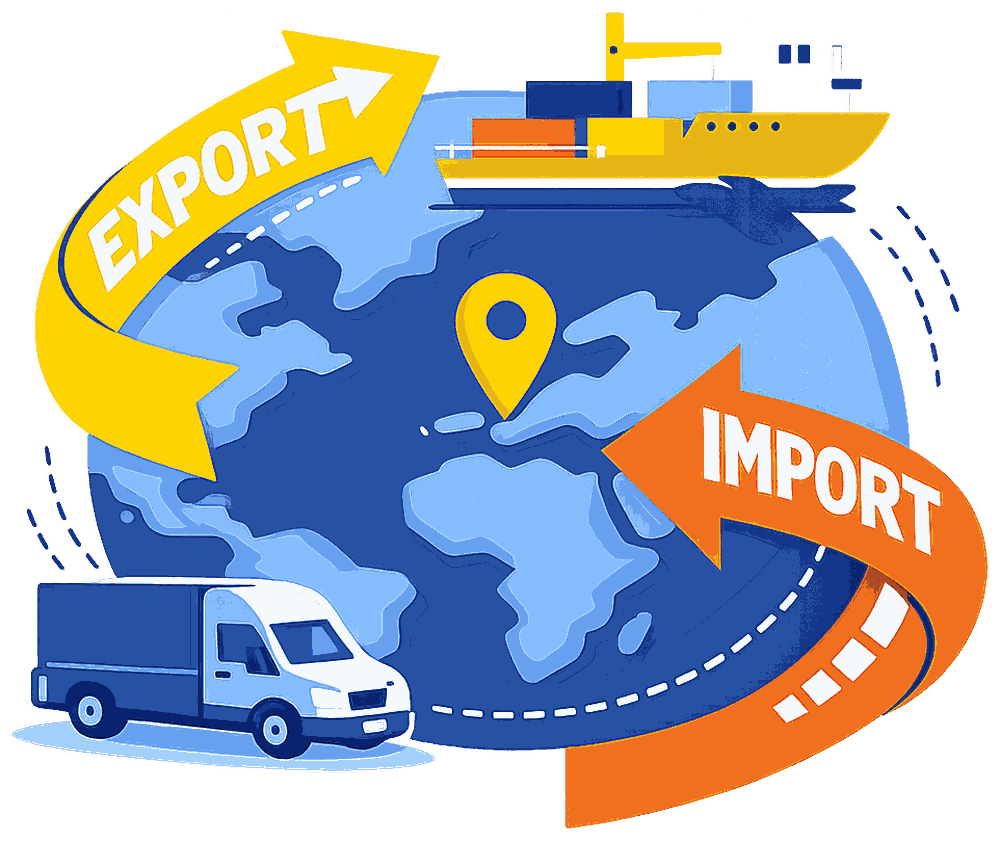 Frecce Import ed Export attorno a un globo, con furgone e nave da trasporto